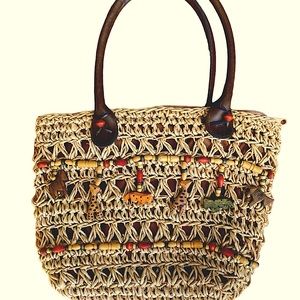 Straw lined handbag with wooden detail